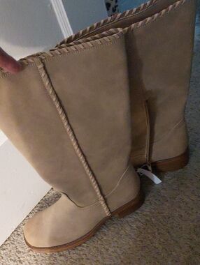 Neutral Tan Mid-Calf Braided-Trim Heeled Boots